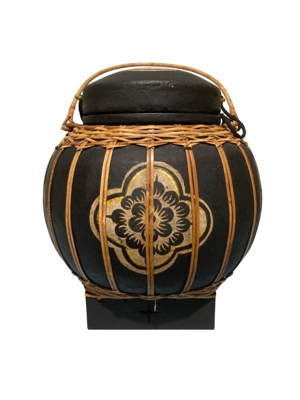 Handcrafted Vintage Thai Rice Basket With Lid And Floral Design